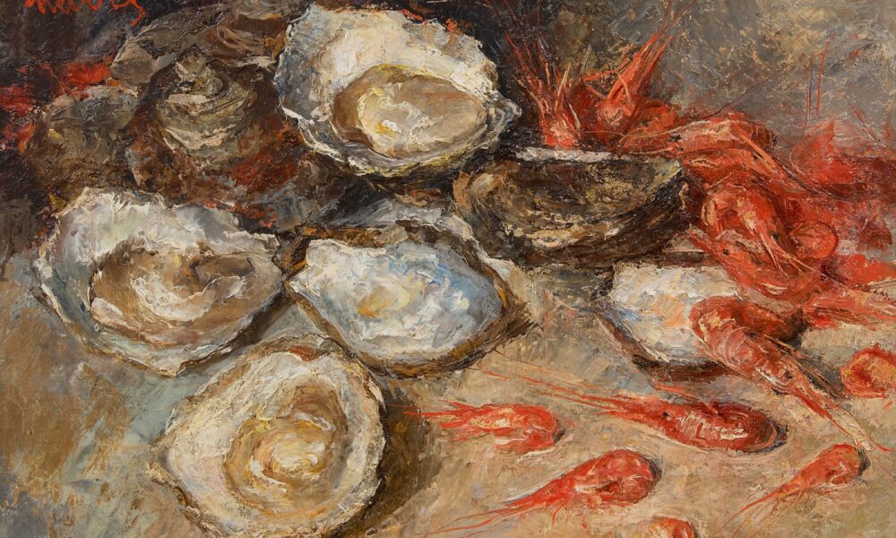 Still life seafood artwork featuring oysters and shrimp in an expressive style available through Paintings for Sale Lahore