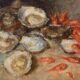 Still life seafood artwork featuring oysters and shrimp in an expressive style available through Paintings for Sale Lahore