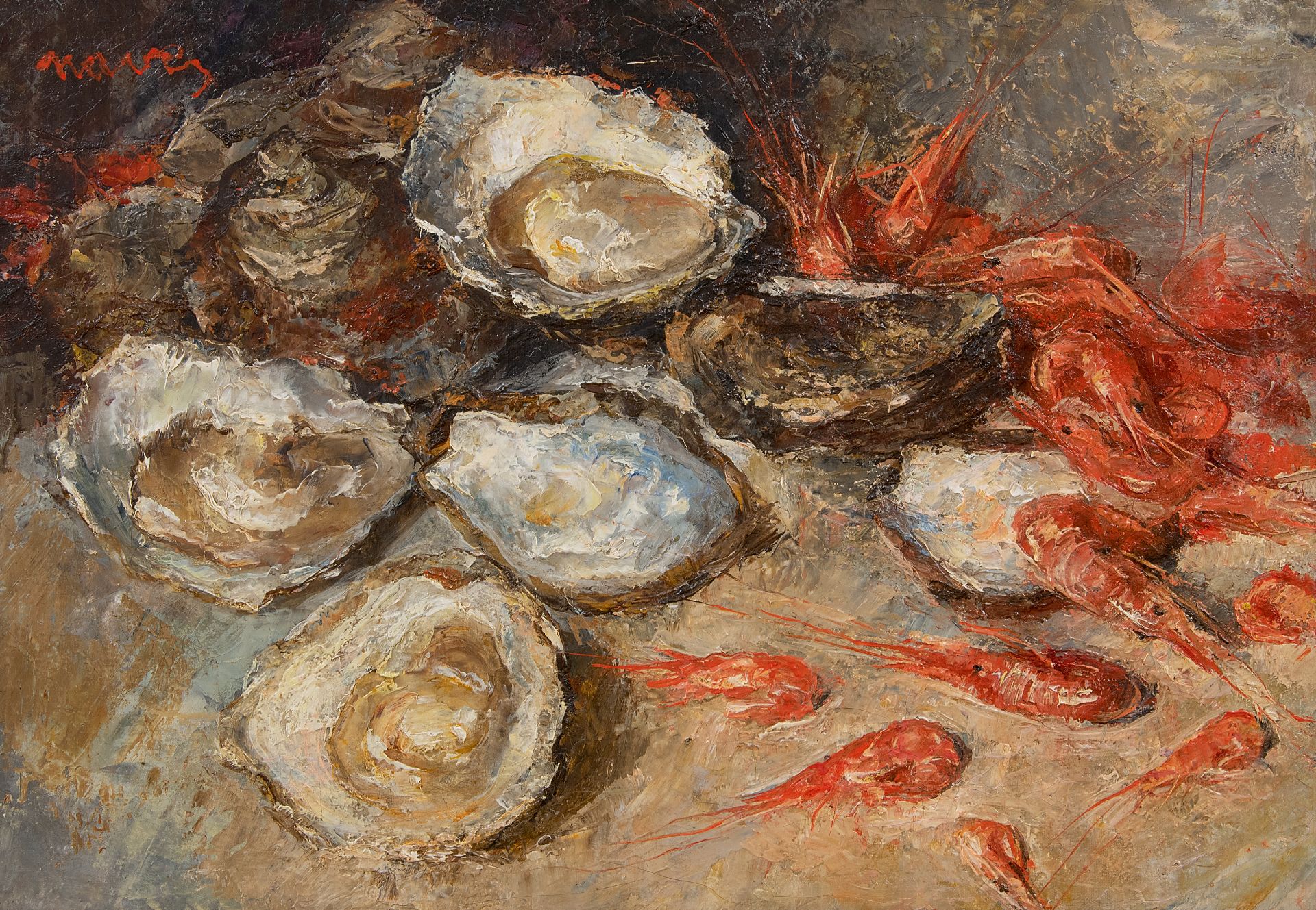 Still life seafood artwork featuring oysters and shrimp in an expressive style available through Paintings for Sale Lahore