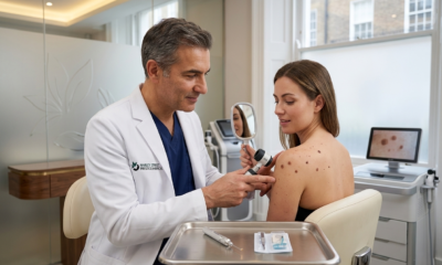 Close-up of a dermatologist examining a raised skin mole during a cryotherapy consultation, highlighting treatment options including freezing and minor surgical removal.
