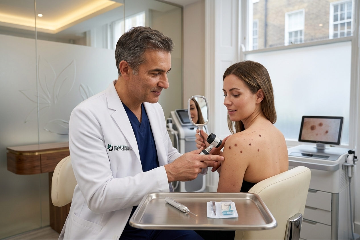 Close-up of a dermatologist examining a raised skin mole during a cryotherapy consultation, highlighting treatment options including freezing and minor surgical removal.