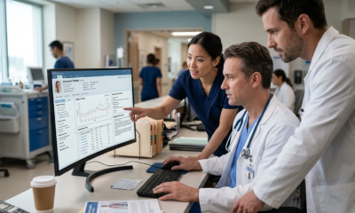 Electronic health records system displayed on a computer screen in a modern healthcare setting, showing patient data, medical history, and clinical notes to support accurate diagnosis and improved patient care