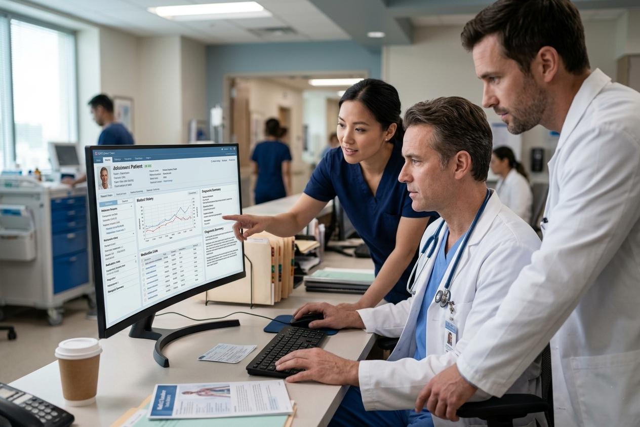 Electronic health records system displayed on a computer screen in a modern healthcare setting, showing patient data, medical history, and clinical notes to support accurate diagnosis and improved patient care