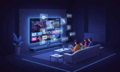 Family enjoying ultra HD entertainment on a smart TV with Strong 8K IPTV streaming interface in a modern living room, showcasing digital streaming apps and futuristic home entertainment technology.