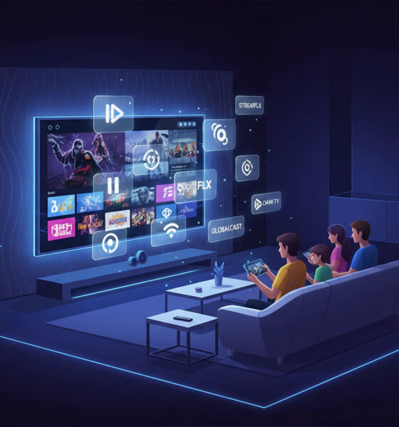 Family enjoying ultra HD entertainment on a smart TV with Strong 8K IPTV streaming interface in a modern living room, showcasing digital streaming apps and futuristic home entertainment technology.
