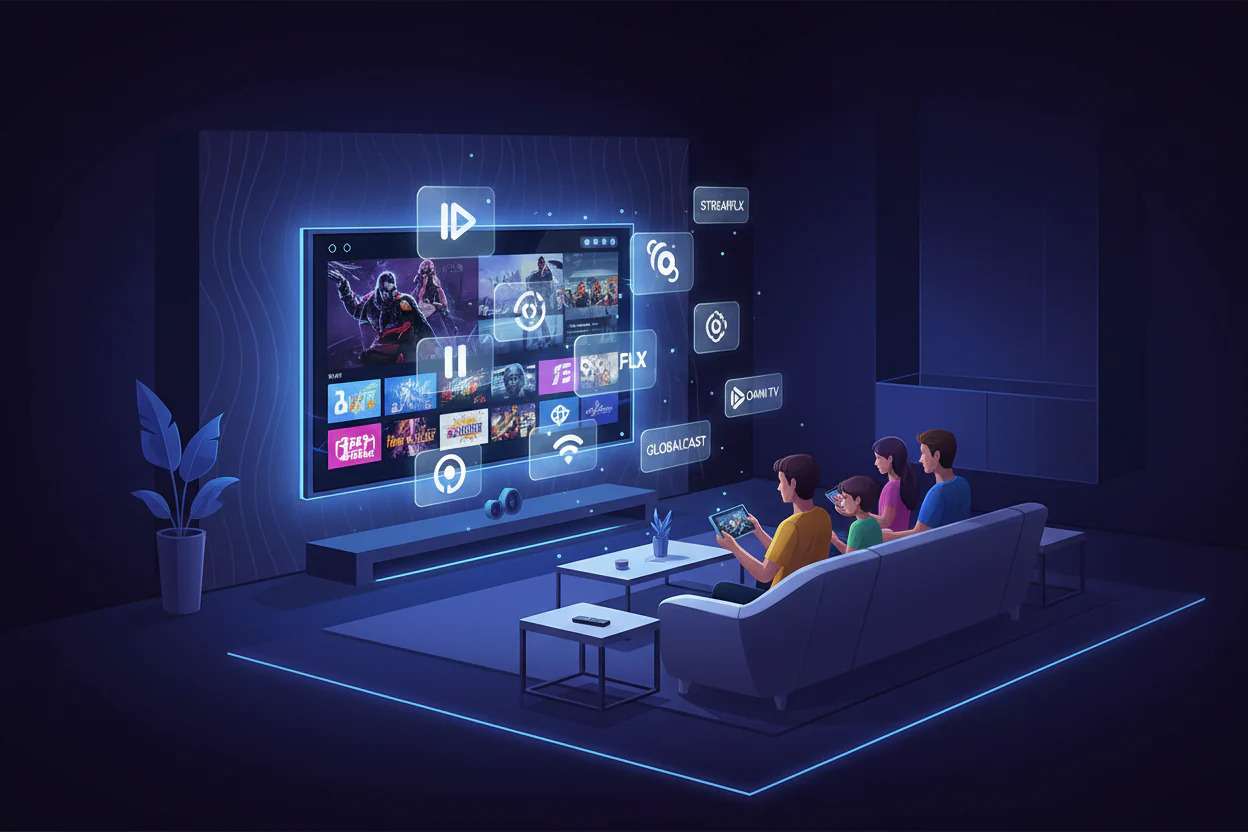 Family enjoying ultra HD entertainment on a smart TV with Strong 8K IPTV streaming interface in a modern living room, showcasing digital streaming apps and futuristic home entertainment technology.
